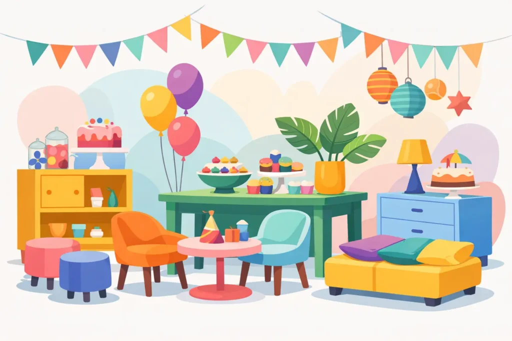 Móveis coloridos para festa temática