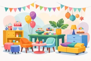Móveis coloridos para festa temática