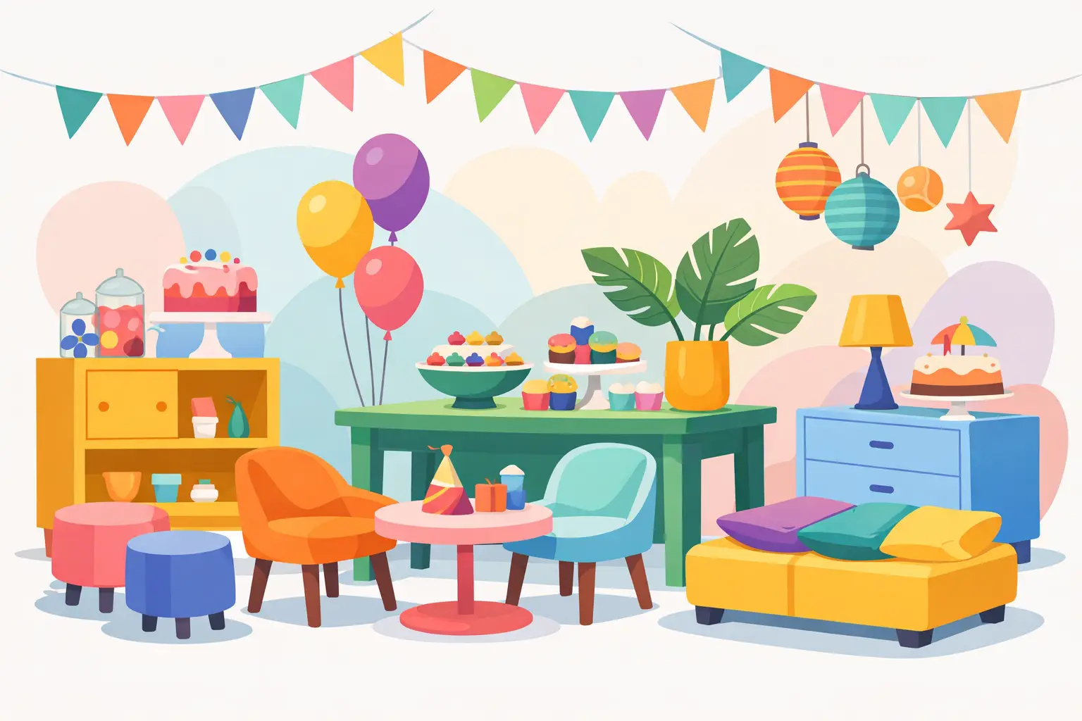 Móveis coloridos para festa temática