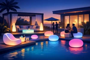 Pool party moderna com puff LED e lounge iluminado