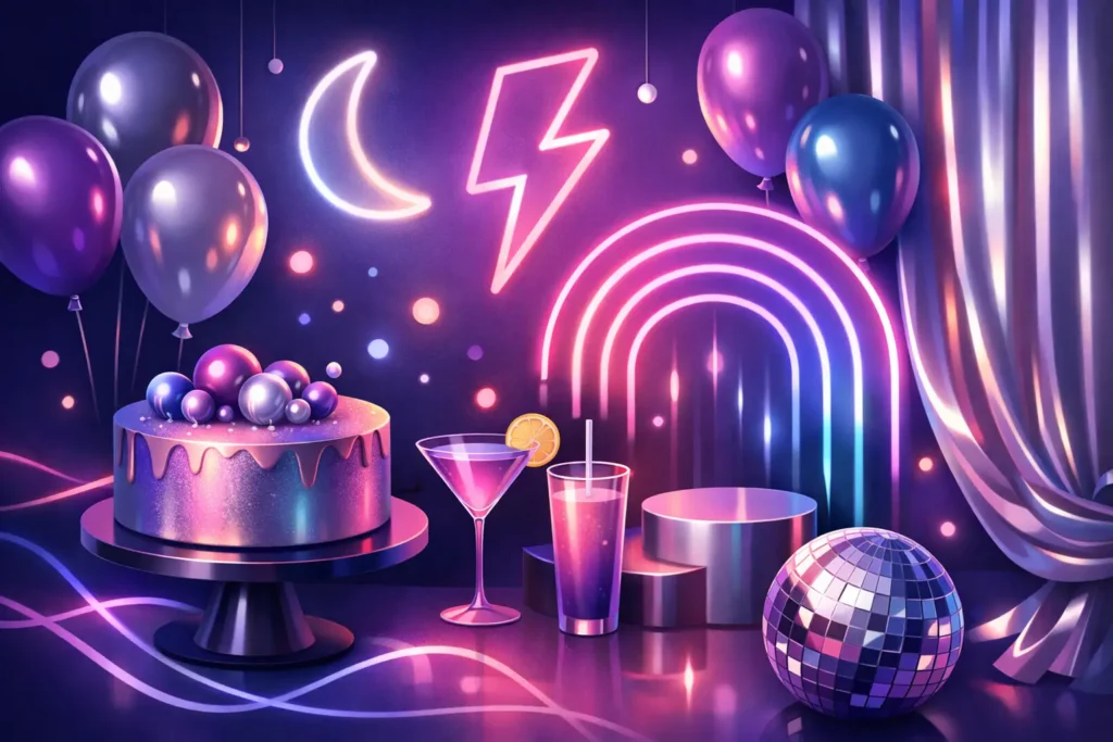 Decoração de festa Euphoria com neon LED e metalizado