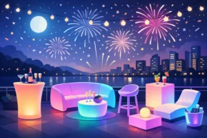 Decoração festa de réveillon com móveis neon LED