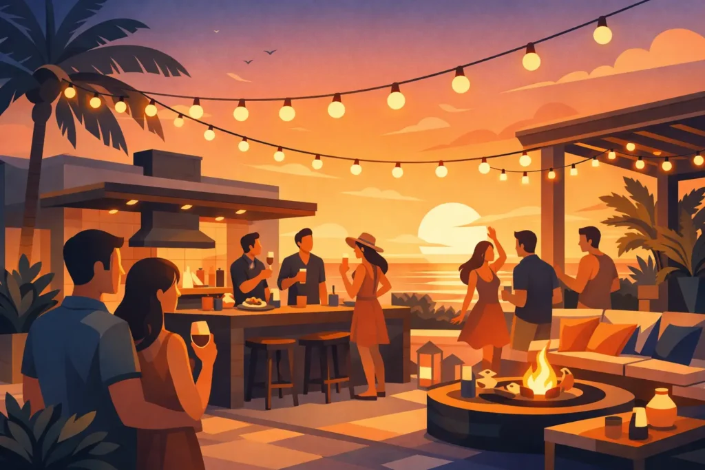 Festa sunset em casa na área gourmet externa