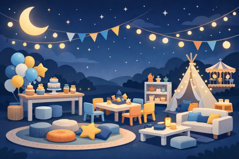 Móveis para decoração de festa infantil à noite