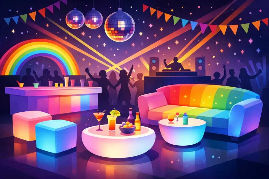 Festa Glow Pride com móveis LED inesquecíveis