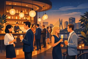 Coquetel empresarial: bistrô iluminado em SP