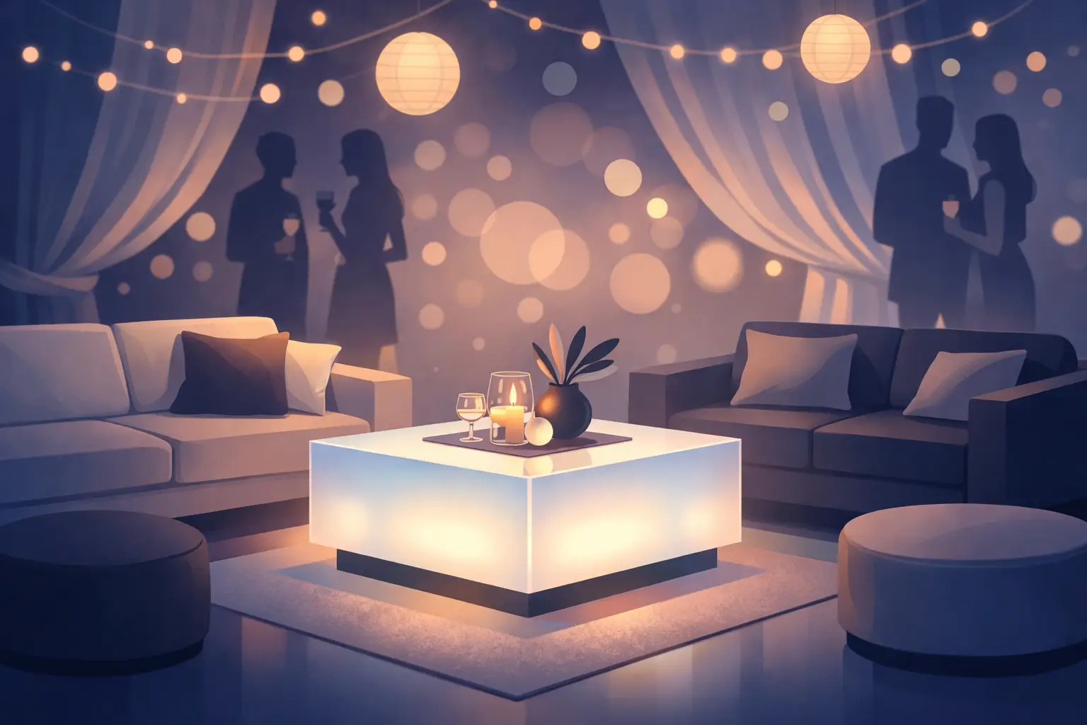 Mesa de centro iluminada para lounges em festas